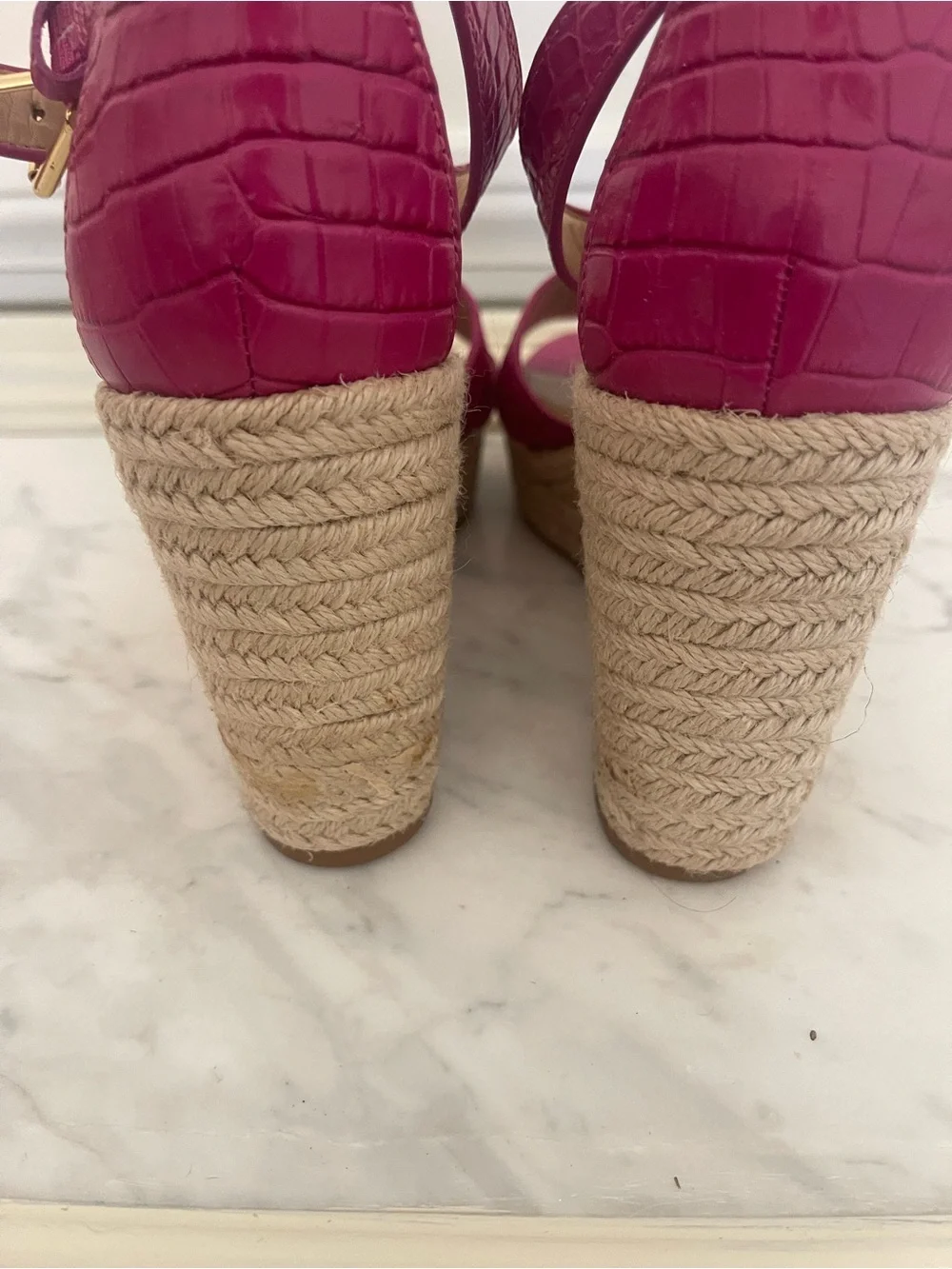 Ralph Lauren Hot Pink Croc-Embossed Espadrille Wedge Sandals with Gold RL Logo